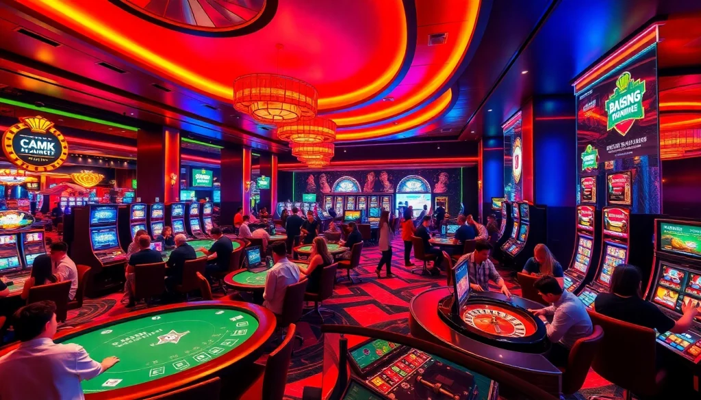 Engaging casino environment showcasing players enjoying games at ev88win.live, vibrant colors, dramatic lighting.