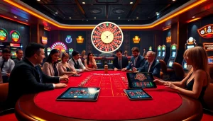 Engaging poker game scene highlighting link alternatif sbobet in a luxurious casino setting.