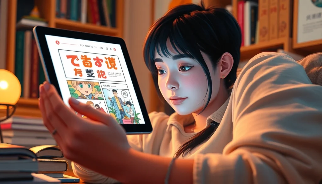 무료웹툰을 즐기는 사람의 모습과 편안한 독서 환경을 강조한 이미지