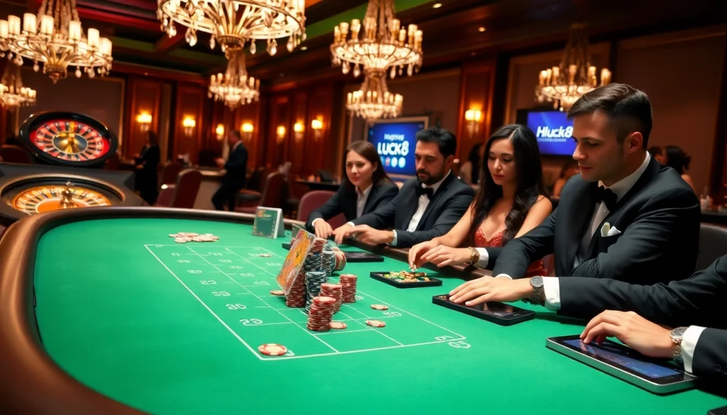 Người chơi đang tận hưởng các trò chơi tại https://luck8.com trong một khu casino sang trọng đầy sự phấn khích và màu sắc.