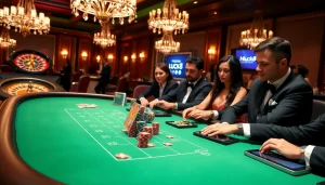Người chơi đang tận hưởng các trò chơi tại https://luck8.com trong một khu casino sang trọng đầy sự phấn khích và màu sắc.