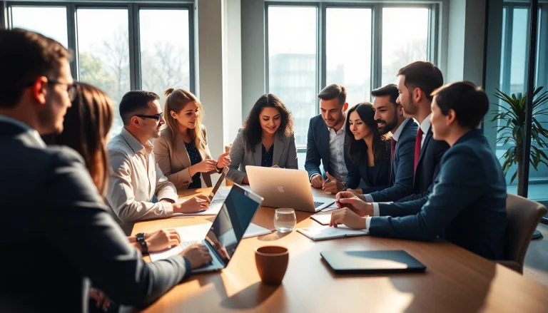 Dynamic scene of top websites to find salespeople in action, emphasizing teamwork and collaboration.