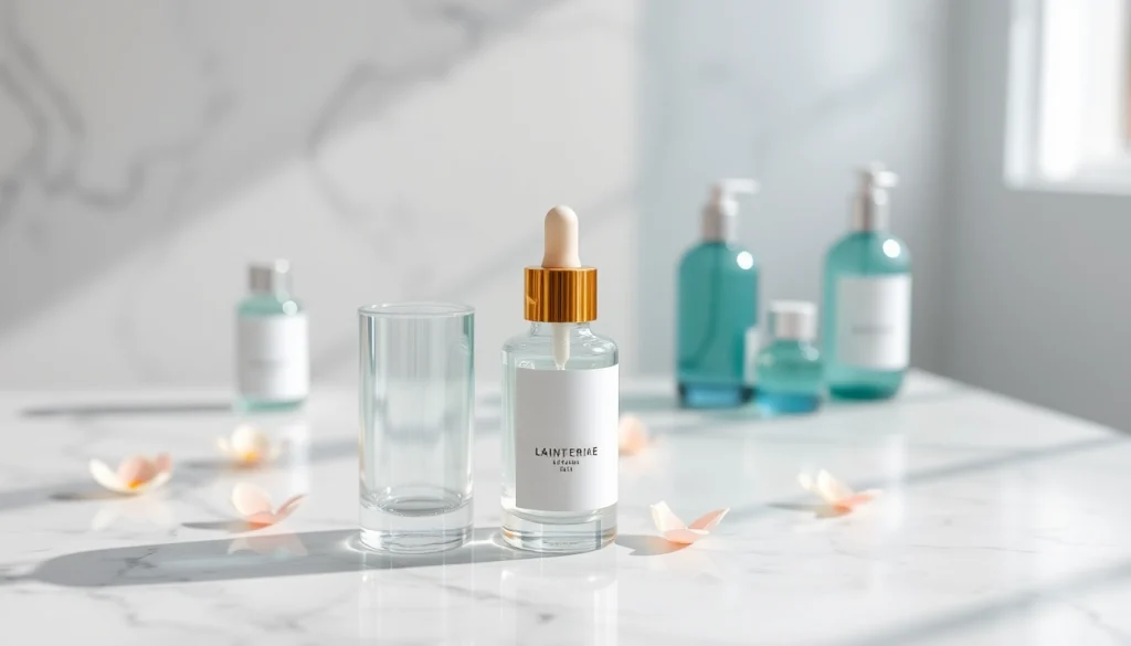 Kosmetika produktai išryškinti ant marmurinių paviršių su natūralia šviesa.