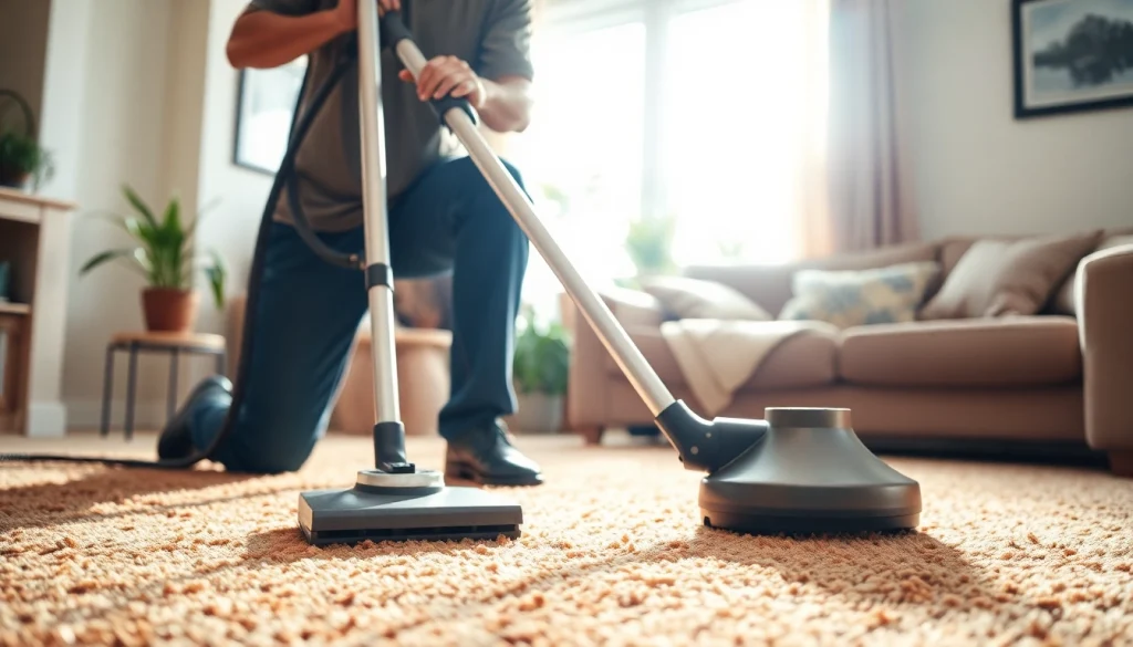 Local carpet cleaners efficiently removing stains from a cozy living room carpet.