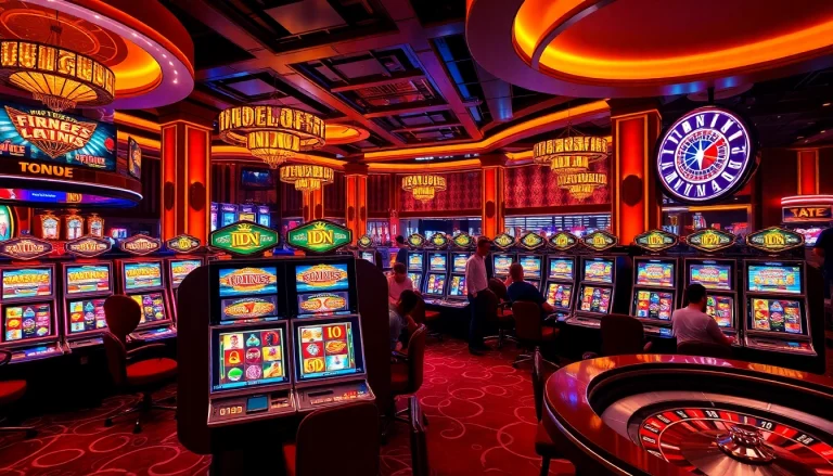 Exciting scene of players engaging with idn slot machines in a luxurious casino setting.