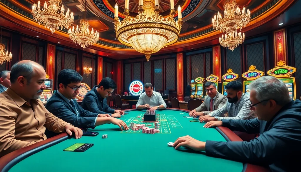 Experience an exciting poker game featuring hello88 styled chips and cards amidst a luxurious casino backdrop.
