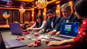 A high-stakes poker game scene illustrating the 7upbet login on a smartphone amidst a luxurious casino setting filled with poker chips and cards.