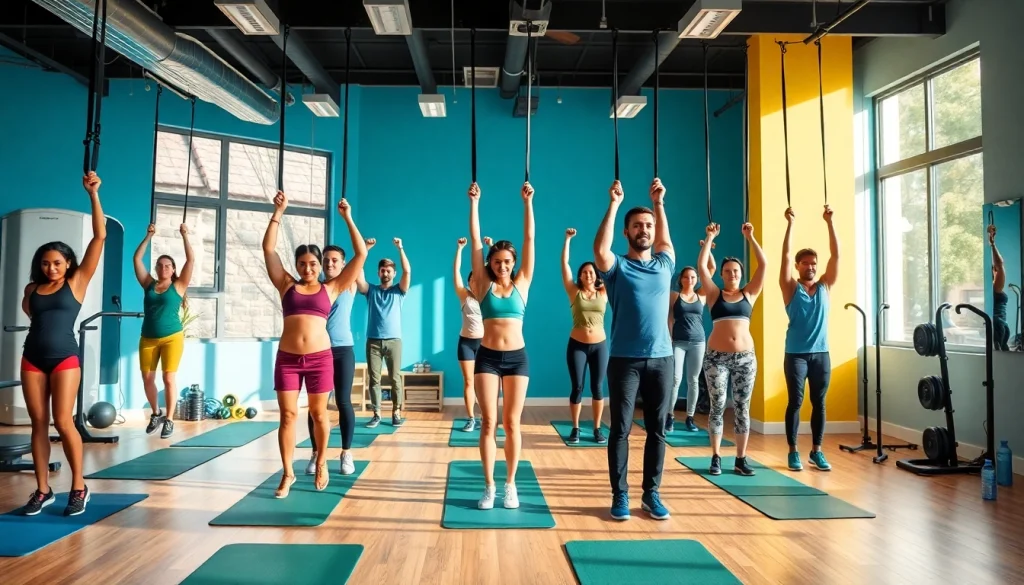 Individuals using pull-up resistance bands in a vibrant fitness studio setting, showcasing diverse fitness levels.