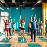 Individuals using pull-up resistance bands in a vibrant fitness studio setting, showcasing diverse fitness levels.