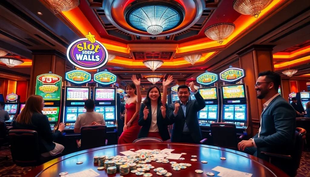 Permainan yang menarik pada mesin slot Depo Pulsa, menampilkan pemain yang gembira di kasino mewah.