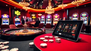 Play רמי אונליין in a luxurious casino scene filled with roulette tables and slot machines.