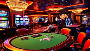 RR88 casino scene with vibrant poker action and appealing slot machines, evoking excitement in gambling.