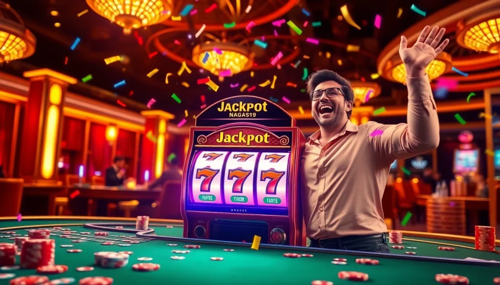 Celebrate a jackpot Naga169 win at the luxurious casino with a joyful player and vibrant slot machines.