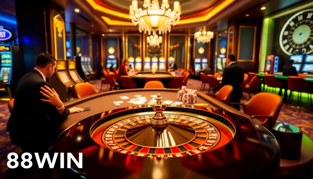 Players enjoying a thrilling game at 98WIN casino with vibrant roulette and poker tables.
