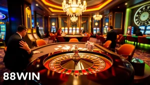 Players enjoying a thrilling game at 98WIN casino with vibrant roulette and poker tables.