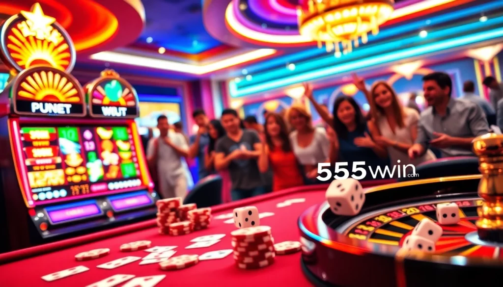 Excited players engaging with the 555win com gaming platform at a vibrant casino.