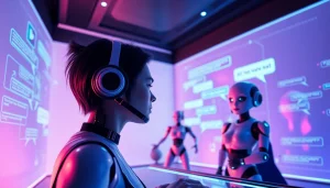 An engaging eye-level view of a futuristic NSFW AI chat interface, showcasing playful AI avatars interacting with users.