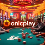 Players enjoying exciting slot games on Onicplay with bright casino lights and poker chips.