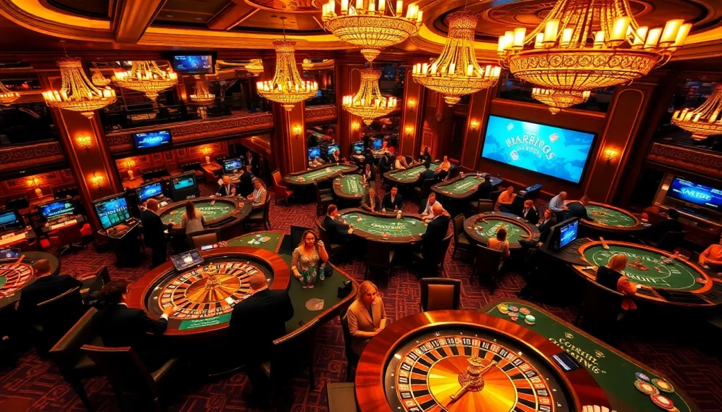 Scène passionnante de casino en ligne France avec action de poker et de roulette à enjeux élevés.