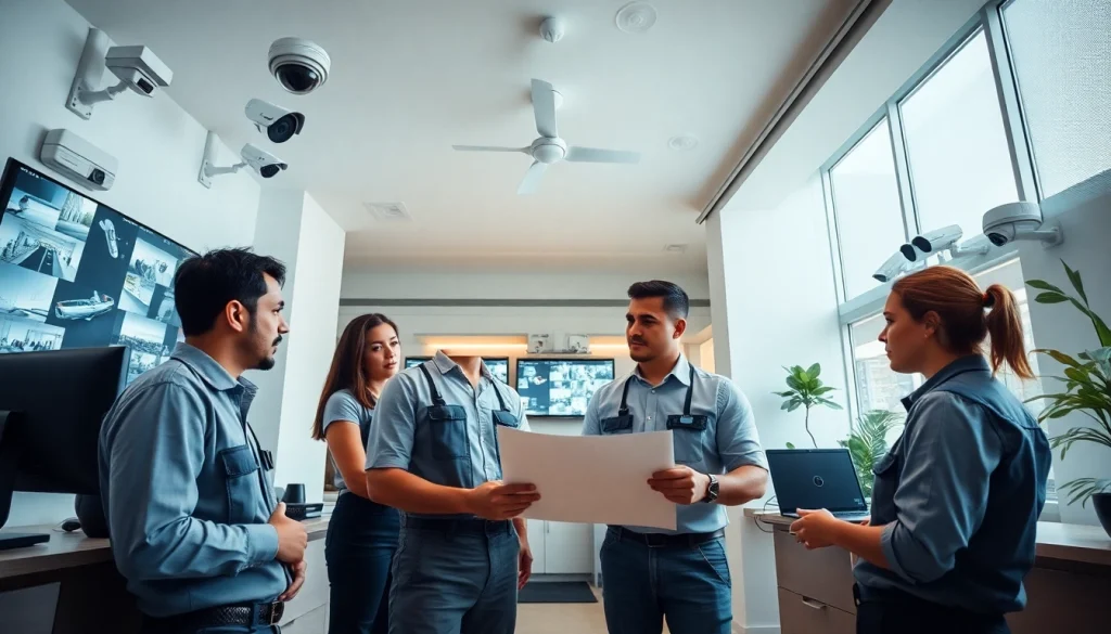 Equipo de seguridad revisando la tecnología CCTV en una oficina profesional
