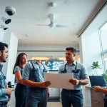 Equipo de seguridad revisando la tecnología CCTV en una oficina profesional