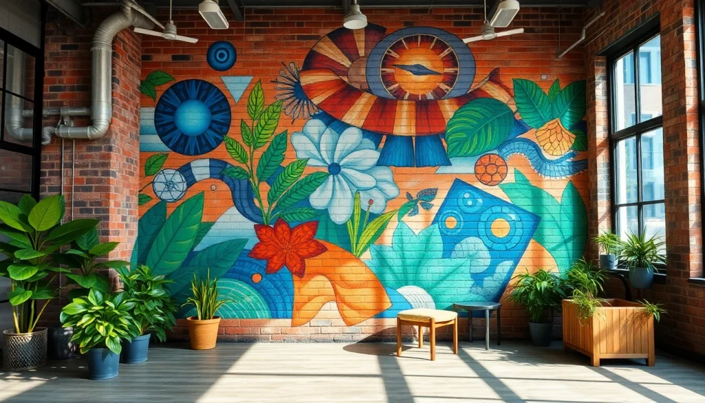 Oszałamiający mural na ścianie przedstawiający naturę splecioną z elementami miejskimi, ukazujący żywe kolory i faktury.