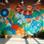 Oszałamiający mural na ścianie przedstawiający naturę splecioną z elementami miejskimi, ukazujący żywe kolory i faktury.