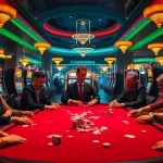 Scène de jeu captivante mettant en avant une atmosphère vibrante de casino en ligne en France avec des joueurs de poker et des jeux excitants.
