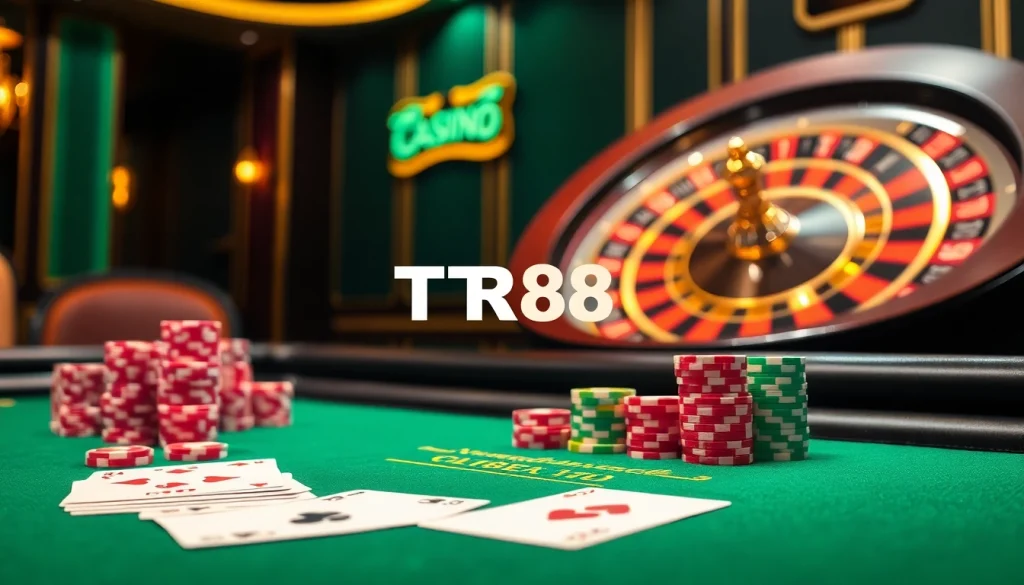 Experience high-stakes gaming at TR88’s luxurious blackjack table with vibrant chips and cards.