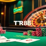 Experience high-stakes gaming at TR88’s luxurious blackjack table with vibrant chips and cards.