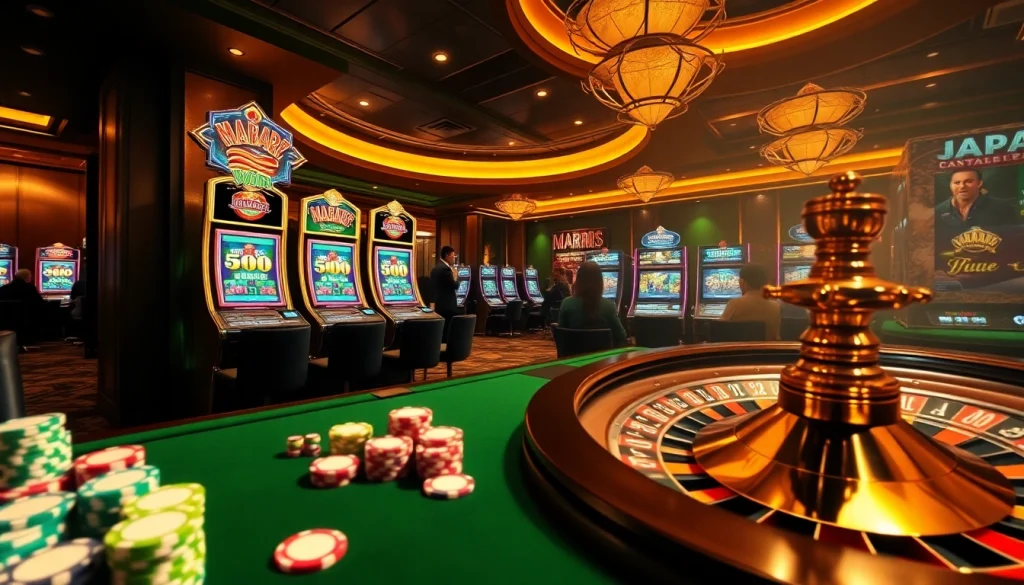 MABAR88 Win ditampilkan dengan mesin slot berwarna-warni, keping poker, dan rolet dalam suasana kasino mewah.