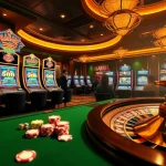 MABAR88 Win ditampilkan dengan mesin slot berwarna-warni, keping poker, dan rolet dalam suasana kasino mewah.