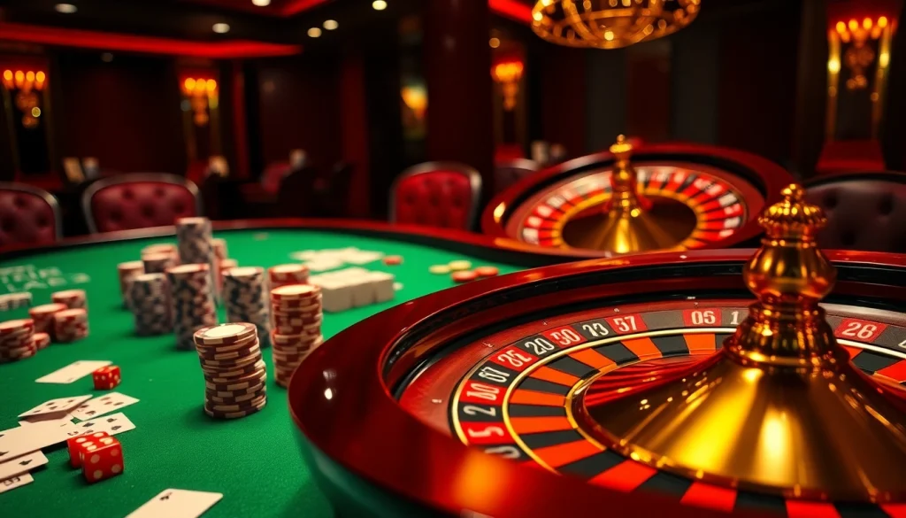 Jouer à des jeux à enjeux élevés dans un environnement de casino en ligne France de luxe avec des jetons de poker et une roulette.