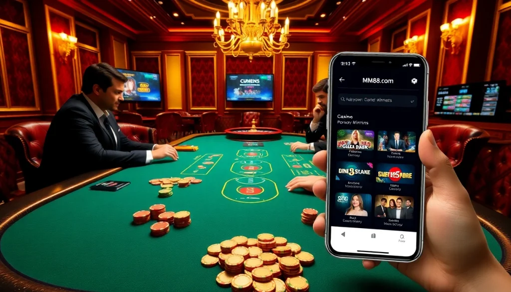 A high-stakes poker game at mm88.com, showcasing vibrant chips and an exciting casino atmosphere.