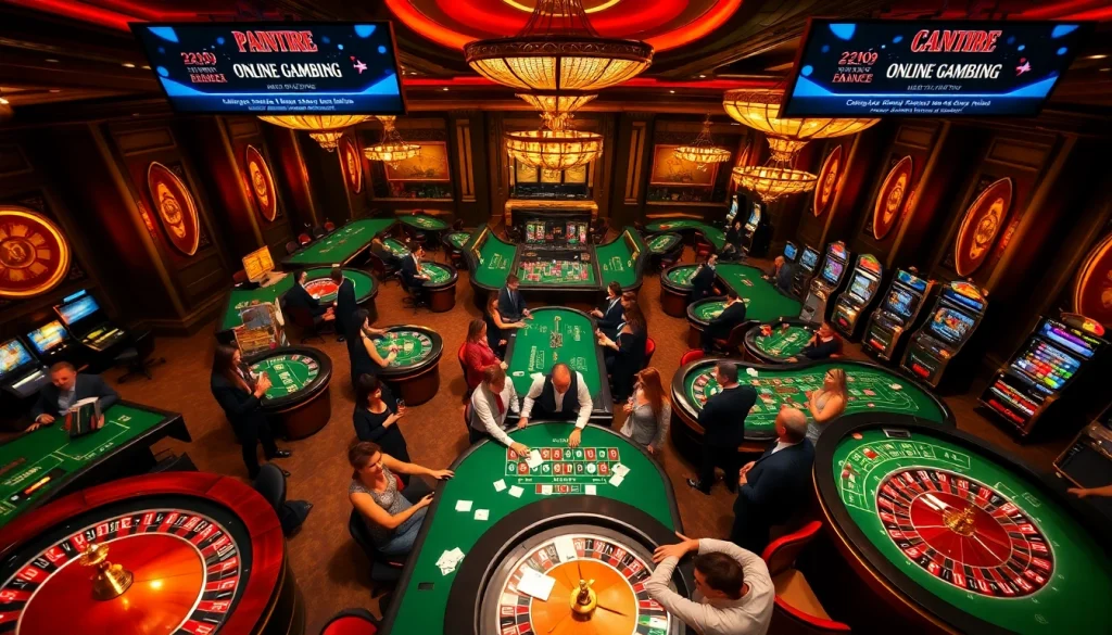 Un sol de casino animé illustrant des joueurs participant à des activités de paris, montrant l'excitation du casino en ligne France.