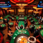 Un sol de casino animé illustrant des joueurs participant à des activités de paris, montrant l'excitation du casino en ligne France.