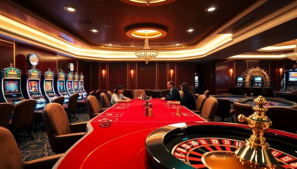 Experience thrilling gameplay at KJC's luxurious casino with vibrant slot machines and poker tables.