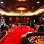Experience thrilling gameplay at KJC's luxurious casino with vibrant slot machines and poker tables.