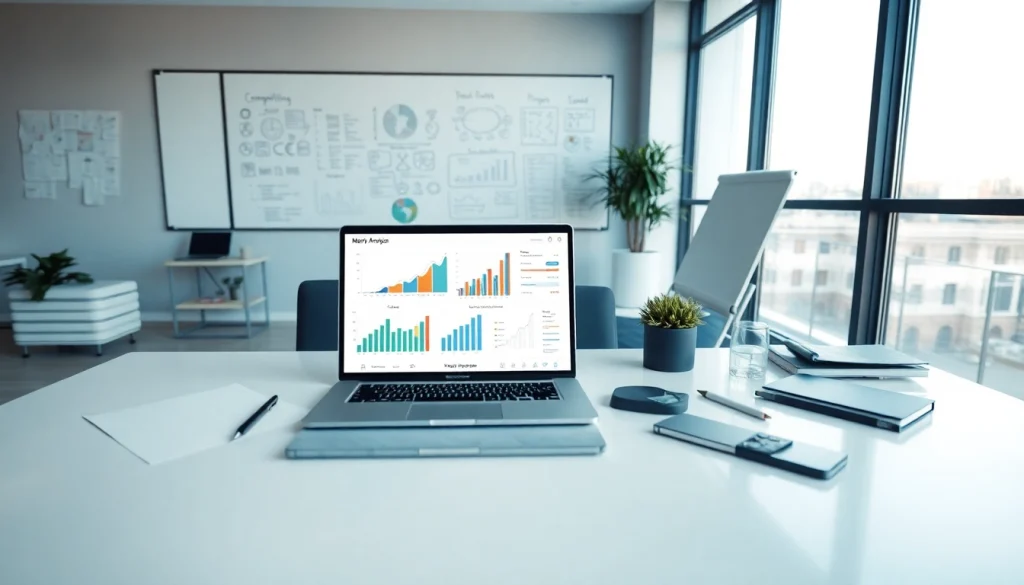 Engaging visual of competitive intelligence faqs with analysis tools and light-filled workspace.