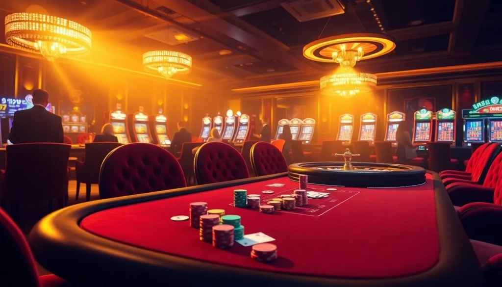 A vibrant casino scene with high-stakes gameplay at mm88.com, featuring a poker table with chips and illuminated roulette wheel.