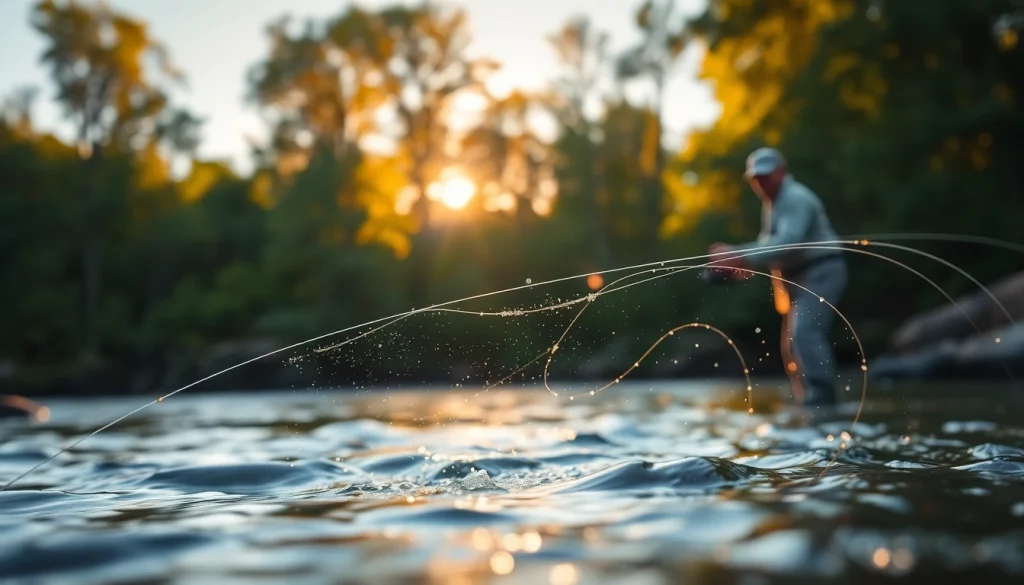Catch the perfect fly fishing line in action by a tranquil river setting.