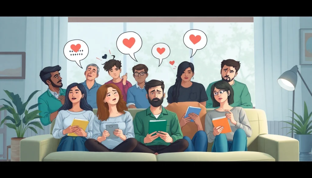 Anxiety symptoms illustrated through diverse individuals in a supportive setting, emphasizing emotional expressions.