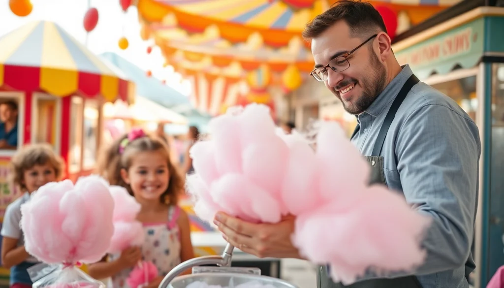 Maak goedkope wafelkatoen in een feestelijke sfeer, met vrolijke kinderen en kleurrijke gebouwen op de achtergrond.
