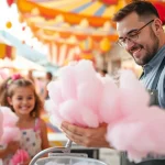 Maak goedkope wafelkatoen in een feestelijke sfeer, met vrolijke kinderen en kleurrijke gebouwen op de achtergrond.