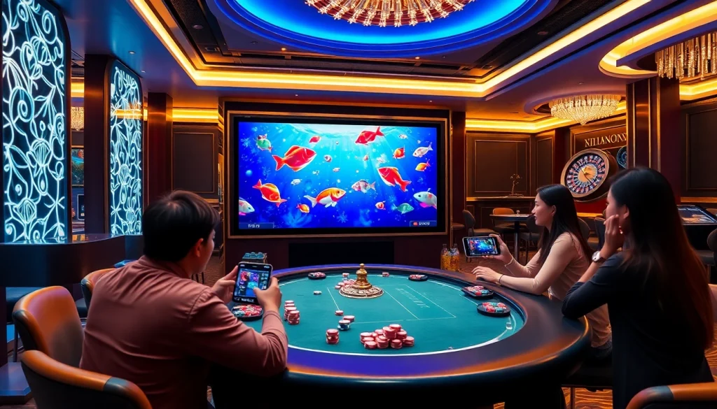 bắn cá đổi thưởng gameplay on a luxurious casino floor, showcasing excitement and vibrant colors.