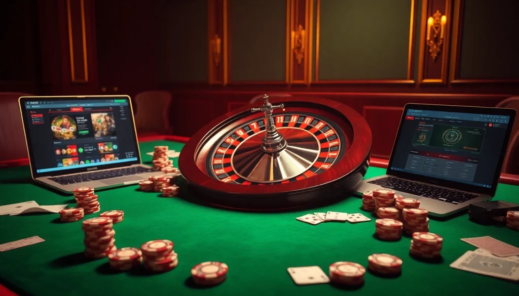 Une scène vibrante de casino en ligne France mettant en vedette une élégante roulette, des jetons de poker et des billets de pari virtuels.
