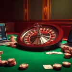 Une scène vibrante de casino en ligne France mettant en vedette une élégante roulette, des jetons de poker et des billets de pari virtuels.