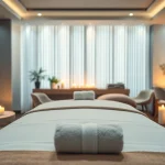 따뜻한 조명과 에센셜 오일이 있는 럭셔리 호텔 객실에서 수원 출장마사지가 제공되는 편안한 분위기.