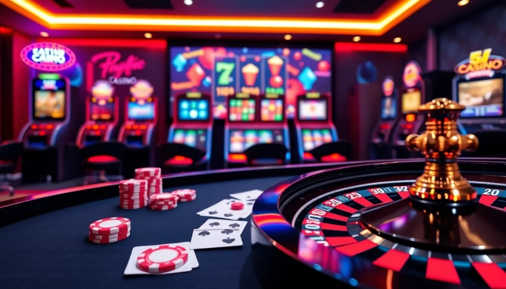 Participez à un jeu passionnant dans un casino en ligne France avec des jetons de poker colorés et une roue de la roulette.