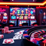 Participez à un jeu passionnant dans un casino en ligne France avec des jetons de poker colorés et une roue de la roulette.